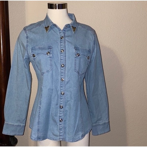 V Cristina Tops - Vintage Cristina V embellished bling Crystal Western Country Denim Shirt Top M
